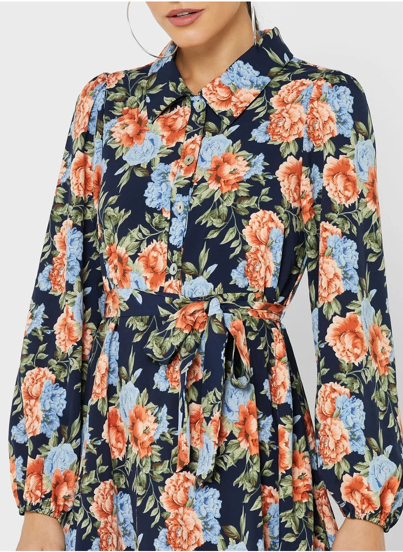 ELLA Cuff Sleeve Belted Printed Dress