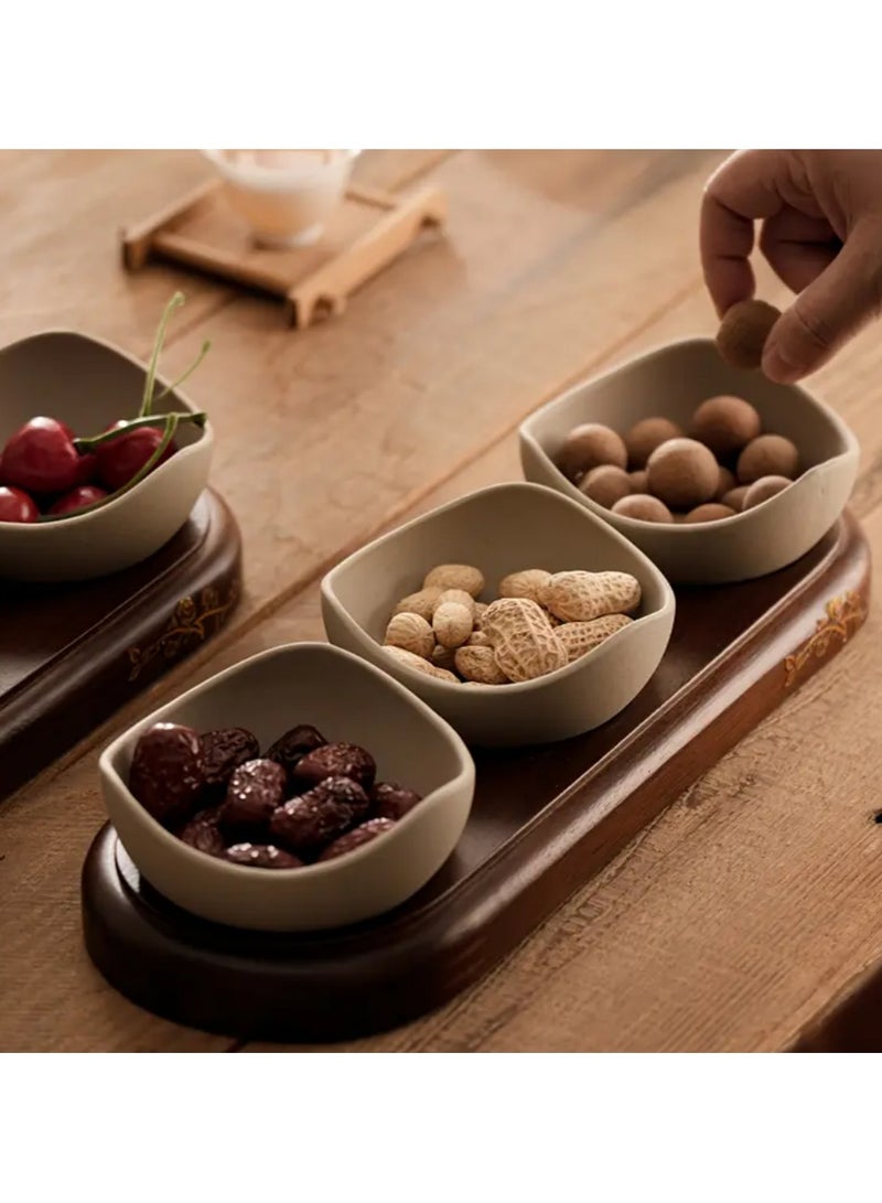 3 مقصورة وعاء خزفي ثخين مع صينية خشبية، وعاء حلوى، طبق مكسرات، أواني خدمة، مناسبة للمطاعم والفنادق والمقاهي والمنازل - Image 1