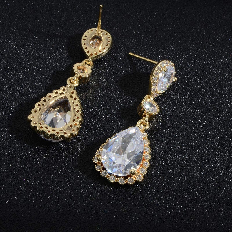 AMYJANE Teardrop Dangle Earrings for Wedding - 14K Gold Plated Sterling Silver Pear Shape Cubic Zirconia Crystal Drop Earrings for Women Bridal Jewelry for Bridesmaids Mother of Bride Party Prom Pageant - Image 4