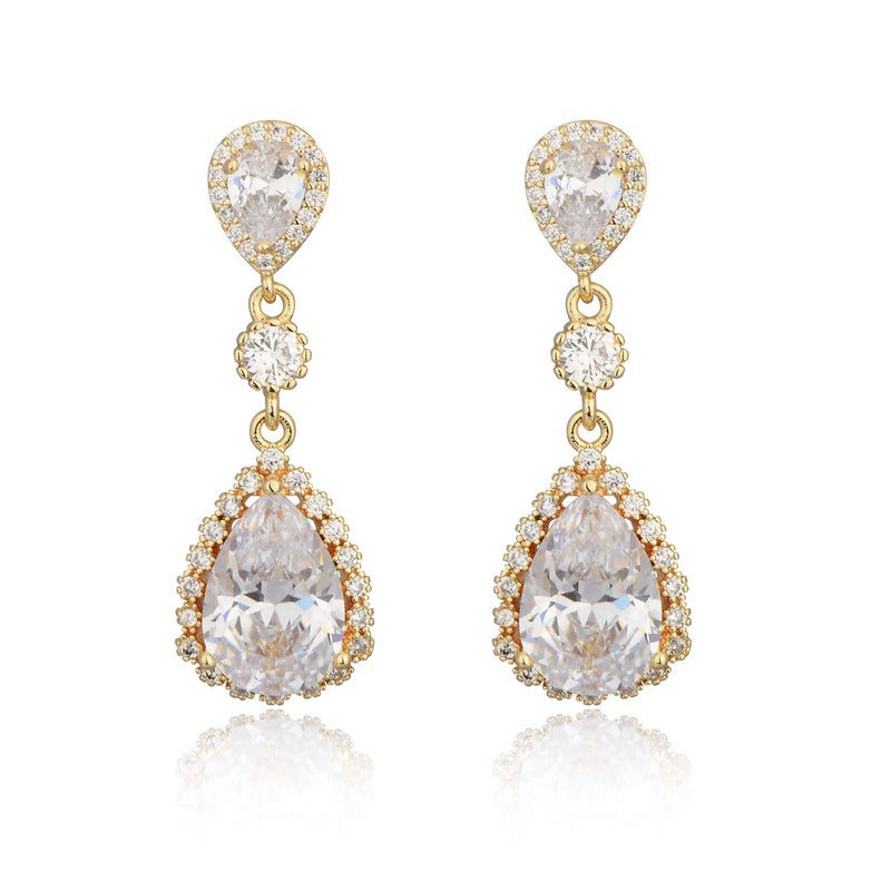 AMYJANE Teardrop Dangle Earrings for Wedding - 14K Gold Plated Sterling Silver Pear Shape Cubic Zirconia Crystal Drop Earrings for Women Bridal Jewelry for Bridesmaids Mother of Bride Party Prom Pageant - Image 1