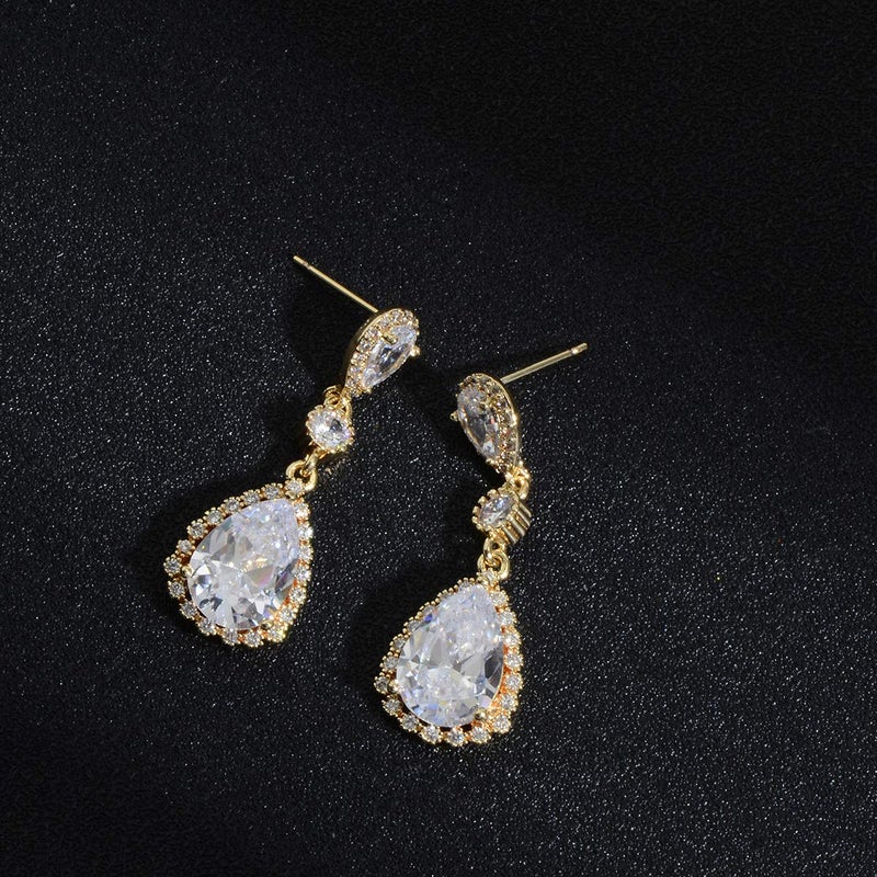 AMYJANE Teardrop Dangle Earrings for Wedding - 14K Gold Plated Sterling Silver Pear Shape Cubic Zirconia Crystal Drop Earrings for Women Bridal Jewelry for Bridesmaids Mother of Bride Party Prom Pageant - Image 3