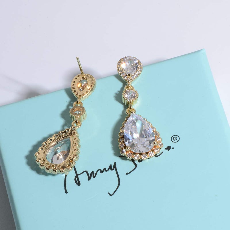 AMYJANE Teardrop Dangle Earrings for Wedding - 14K Gold Plated Sterling Silver Pear Shape Cubic Zirconia Crystal Drop Earrings for Women Bridal Jewelry for Bridesmaids Mother of Bride Party Prom Pageant - Image 5