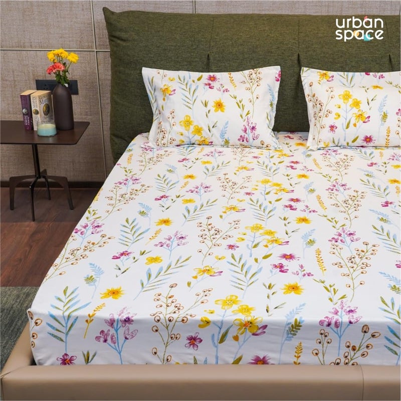 Urban Space Serene Cotton 200 TC Floral Bedsheet For King Bed King Bedsheet Cotton With 2 Pillow Covers Size 108 X 108 Inches France Yellow - Image 2