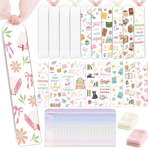 Dazoratix Book Lovers Acrylic Bookmarks - 45 Pcs Cute Acrylic Bookmark Blanks Clear Aesthetic Double-Sided Pastel Bookmark Making Kit UV DTF Transfer Stickers Yellow Pink Ribbon Women DIY Crafts Gifts - Image 1