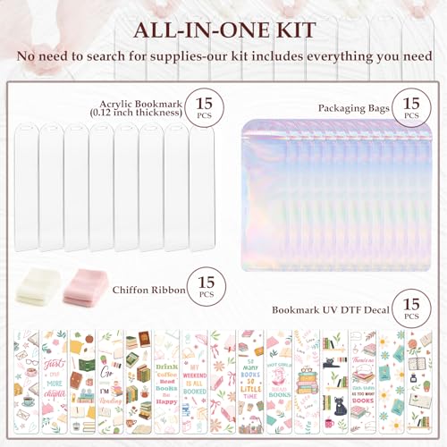 Dazoratix Book Lovers Acrylic Bookmarks - 45 Pcs Cute Acrylic Bookmark Blanks Clear Aesthetic Double-Sided Pastel Bookmark Making Kit UV DTF Transfer Stickers Yellow Pink Ribbon Women DIY Crafts Gifts - Image 2