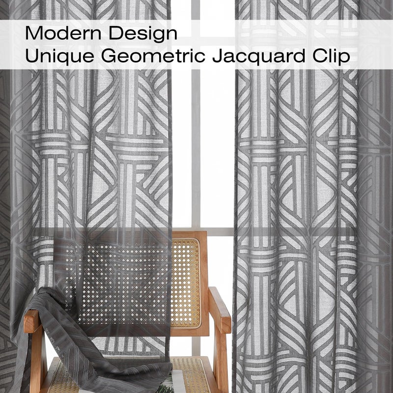 Simplebrand Grey Sheer Kitchen Curtains 36 Inch Length Tier Curtains 2 Panels, Light Filtering Geometric Jacquard Clip Textured Semi Sheer Curtains Short Window Curtains for Bathroom, 42x36 inch - Image 3