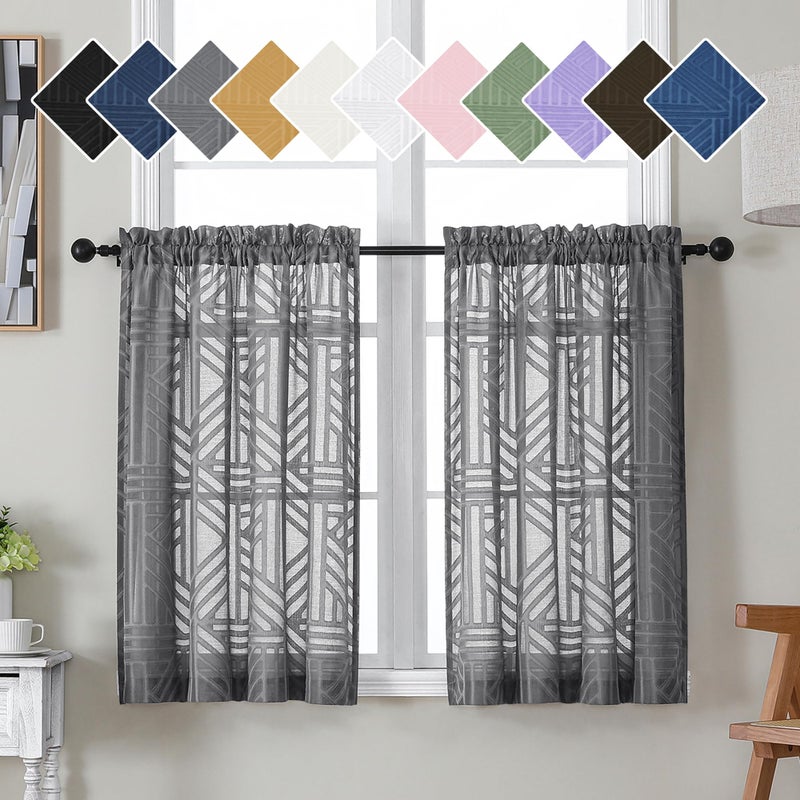 Simplebrand Grey Sheer Kitchen Curtains 36 Inch Length Tier Curtains 2 Panels, Light Filtering Geometric Jacquard Clip Textured Semi Sheer Curtains Short Window Curtains for Bathroom, 42x36 inch - Image 1
