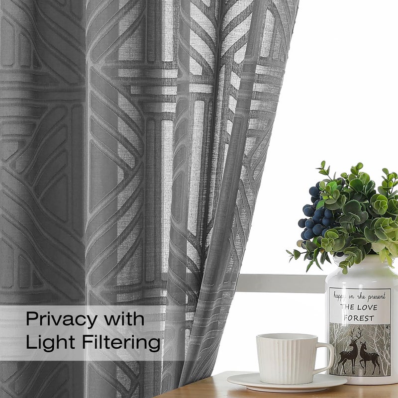 Simplebrand Grey Sheer Kitchen Curtains 36 Inch Length Tier Curtains 2 Panels, Light Filtering Geometric Jacquard Clip Textured Semi Sheer Curtains Short Window Curtains for Bathroom, 42x36 inch - Image 2