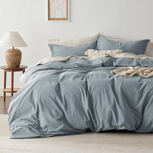 Bedsure 100 Washed Cotton Duvet Cover Queen Size Dusty Blue Minimalist Cotton Bedding Linen Like for All Seasons GentleSoft Plain Simple Duvet Cover 3 Pieces Dusty Blue Queen 90x90