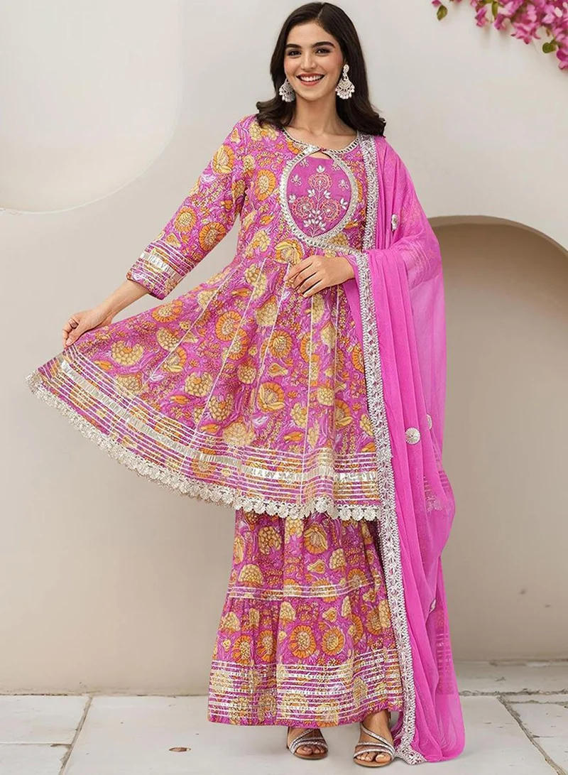 Women Pink Cotton Kurta Sets 3pcs sets