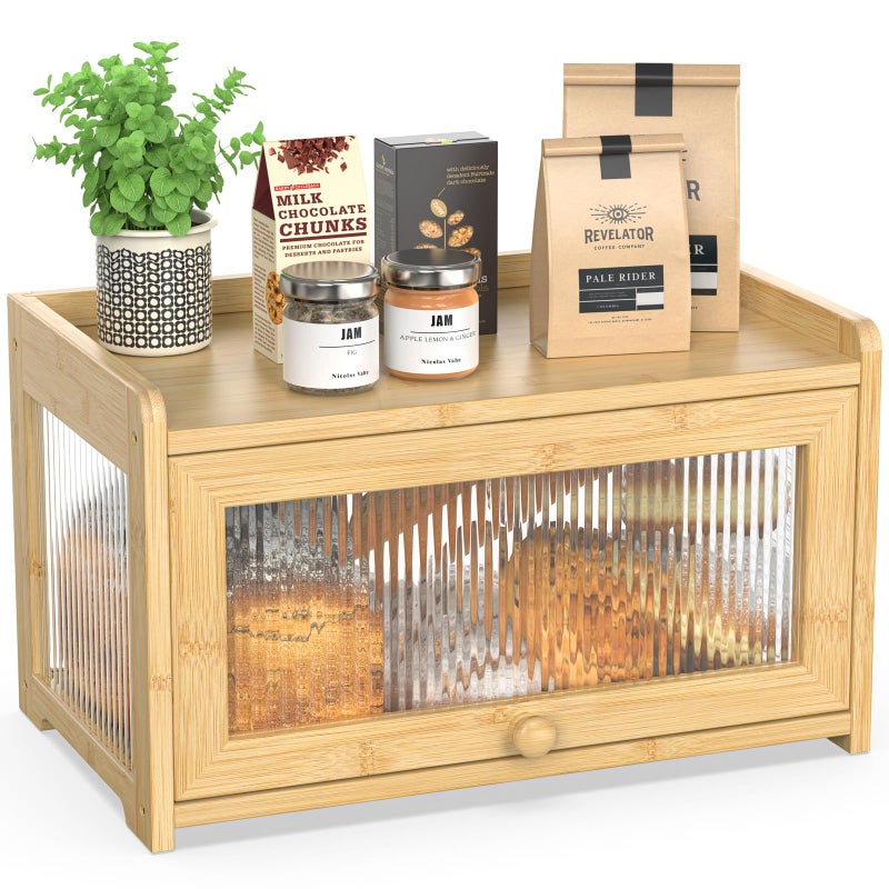 BAMBANG Extra Large Bamboo Bread Box for Kitchen Counter, Bread Storage Container Farmhouse Bread Box with 4 Sides Transparency, Wooden Breadbox Bread Bin Holder for Homemade Bread, Natural - Image 1