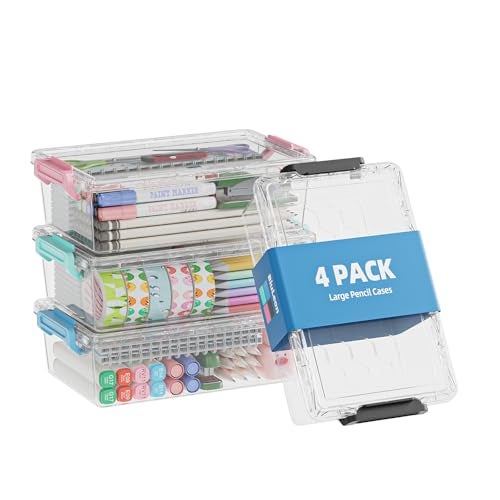BiuLeon 4 Pack Extra Large Pencil Box Plastic Pencil Case Organizer Clear Crayon Box Marker Organizer Stackable Craft Organizers and Storage for Pen Craft Art SupplyGreenBluePinkBlack - Image 1