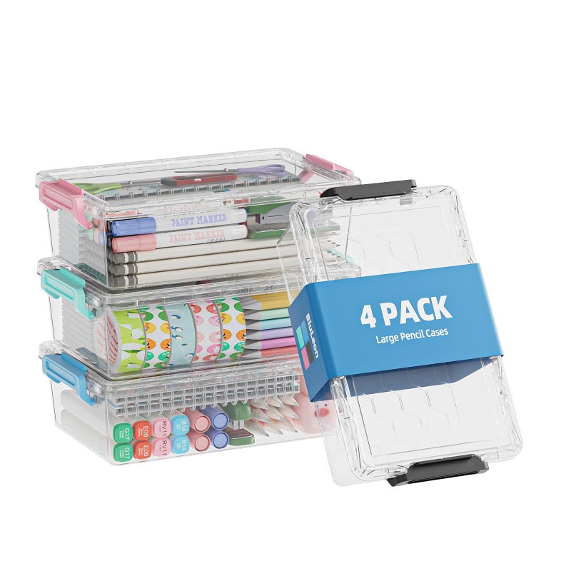 BiuLeon 4 Pack Extra Large Pencil Box Plastic Pencil Case Organizer Clear Crayon Box Marker Organizer Stackable Craft Organizers and Storage for Pen Craft Art SupplyGreenBluePinkBlack - Image 2