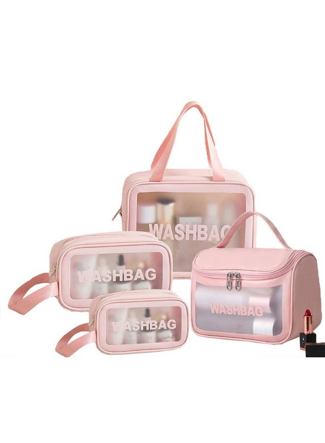 Trendegic Multipurpose Clear PVC Zipper Cosmetic Travel Wash Bag Toiletry Makeup Organizer Portable Carry Bag Pouch for Women Girls (Pack of 4) (Pink) - Image 1