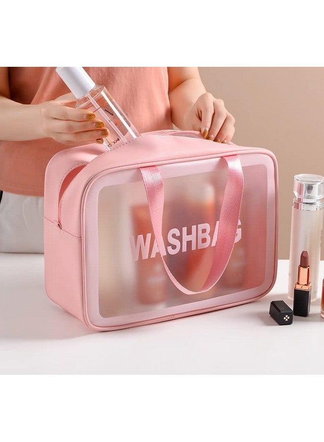 Trendegic Multipurpose Clear PVC Zipper Cosmetic Travel Wash Bag Toiletry Makeup Organizer Portable Carry Bag Pouch for Women Girls (Pack of 4) (Pink) - Image 2