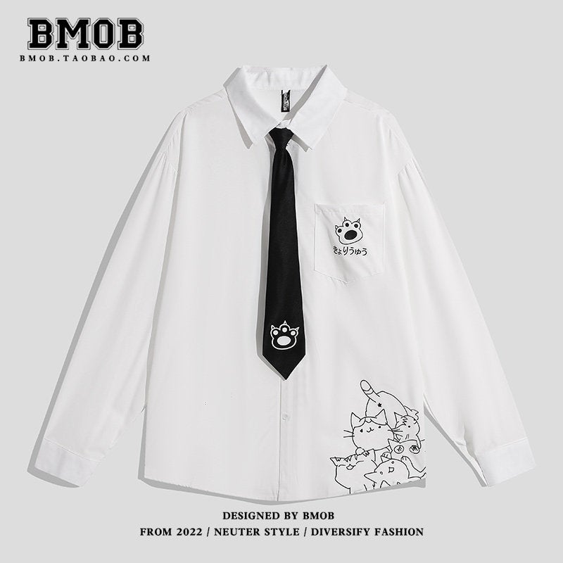 BMOB Japanese retro print cat long-sleeved shirt trendy cityboy college style couple casual trendy shirt - Image 2
