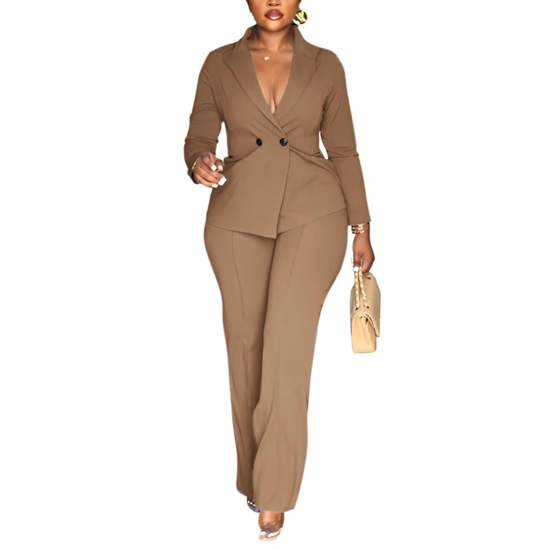 Kafiloe Women Double Breasted Blazer Pants Suit 2 Piece Outfits Casual Long Sleeve Blazer Set for Work Business Khaki XL - Image 1
