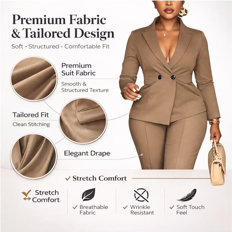 Kafiloe Women Double Breasted Blazer Pants Suit 2 Piece Outfits Casual Long Sleeve Blazer Set for Work Business Khaki XL - Image 3