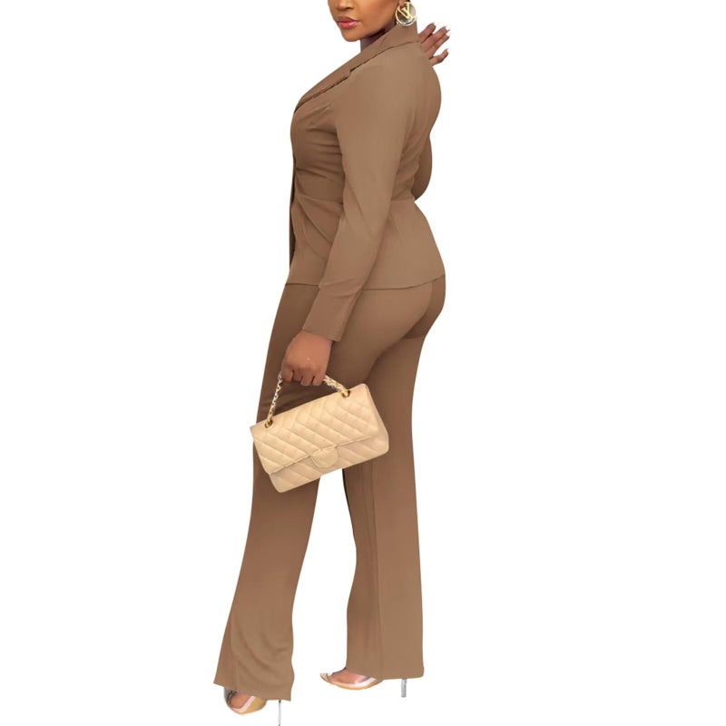 Kafiloe Women Double Breasted Blazer Pants Suit 2 Piece Outfits Casual Long Sleeve Blazer Set for Work Business Khaki XL - Image 5