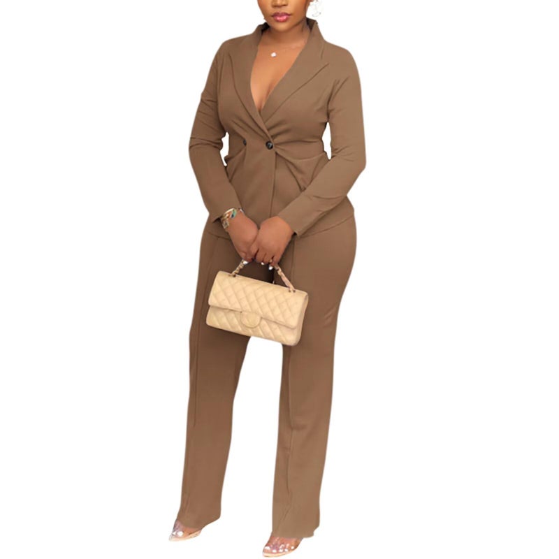 Kafiloe Women Double Breasted Blazer Pants Suit 2 Piece Outfits Casual Long Sleeve Blazer Set for Work Business Khaki XL - Image 4