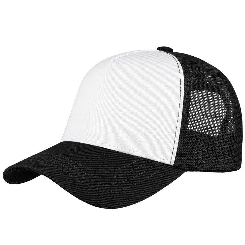 Falari 5-Panel Mesh Baseball Cap, Trucker Hat, Structured Plain Design, Cotton, Adjustable Size - Black - Image 1