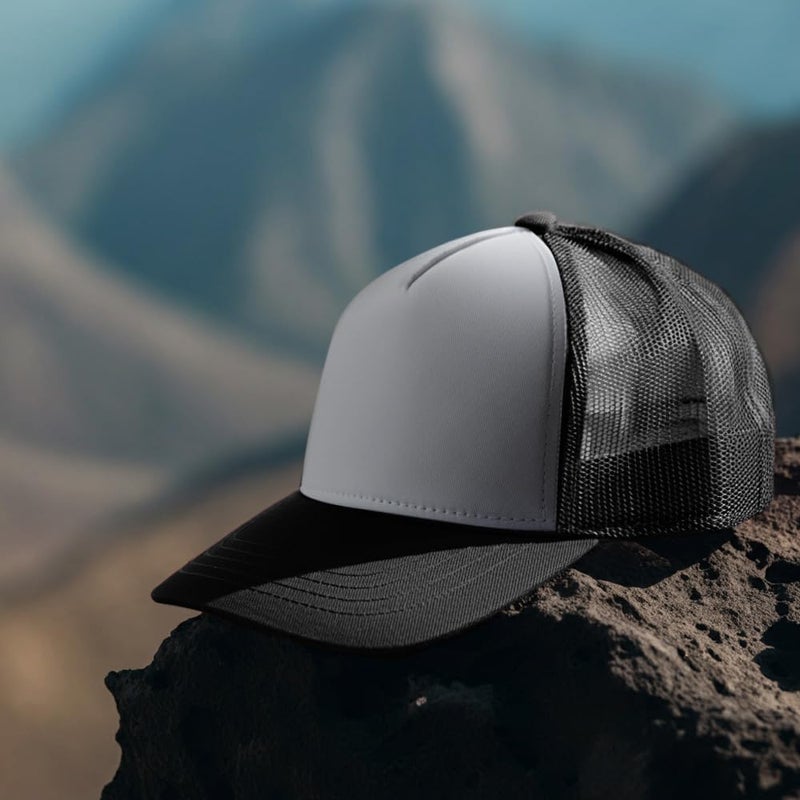 Falari 5-Panel Mesh Baseball Cap, Trucker Hat, Structured Plain Design, Cotton, Adjustable Size - Black - Image 3