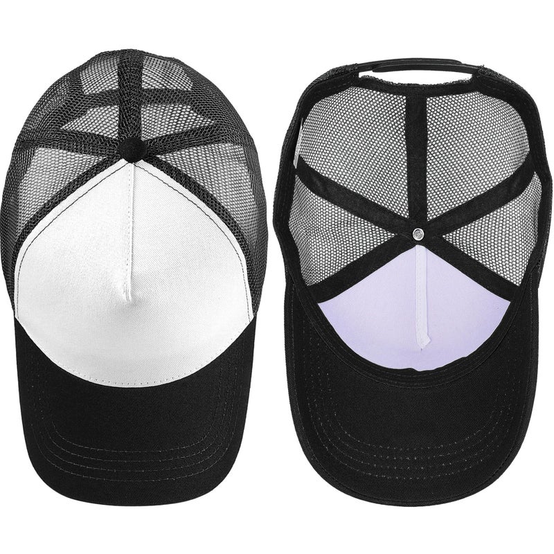 Falari 5-Panel Mesh Baseball Cap, Trucker Hat, Structured Plain Design, Cotton, Adjustable Size - Black - Image 4