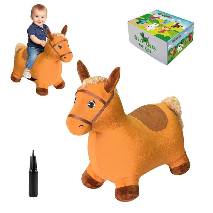 Hot Max HotMax Brown Hopping Horse Toy Removable Inflatable Plush Bouncy Horse for Toddlers Outdoor Ride on Bouncy Farm Animals Birthday Gift for 18 Months 2 3 4 Year Old Boy or Girl - Image 1