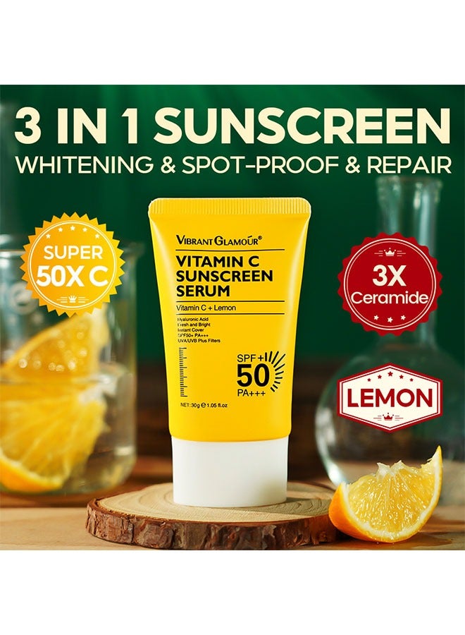 Vibrant Glamour Vitamin C Sunscreen Serum 30g, Spot Proof Anti Light Damage Sunscreen, Whitening Waterproof VC Sunscreen, SPF50+ PA+++ - Image 3