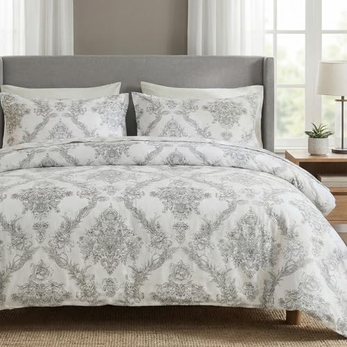 Cozaline 100% Cotton Duvet Cover Set Queen Size – Elegant Damask Print, Soft & Breathable Bedding with Zipper and Corner Ties, 3-Piece Reversible Comforter Cover Set - Image 1