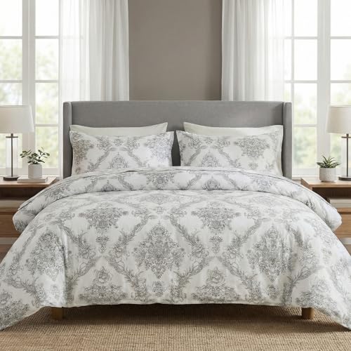 Cozaline 100% Cotton Duvet Cover Set Queen Size – Elegant Damask Print, Soft & Breathable Bedding with Zipper and Corner Ties, 3-Piece Reversible Comforter Cover Set - Image 3