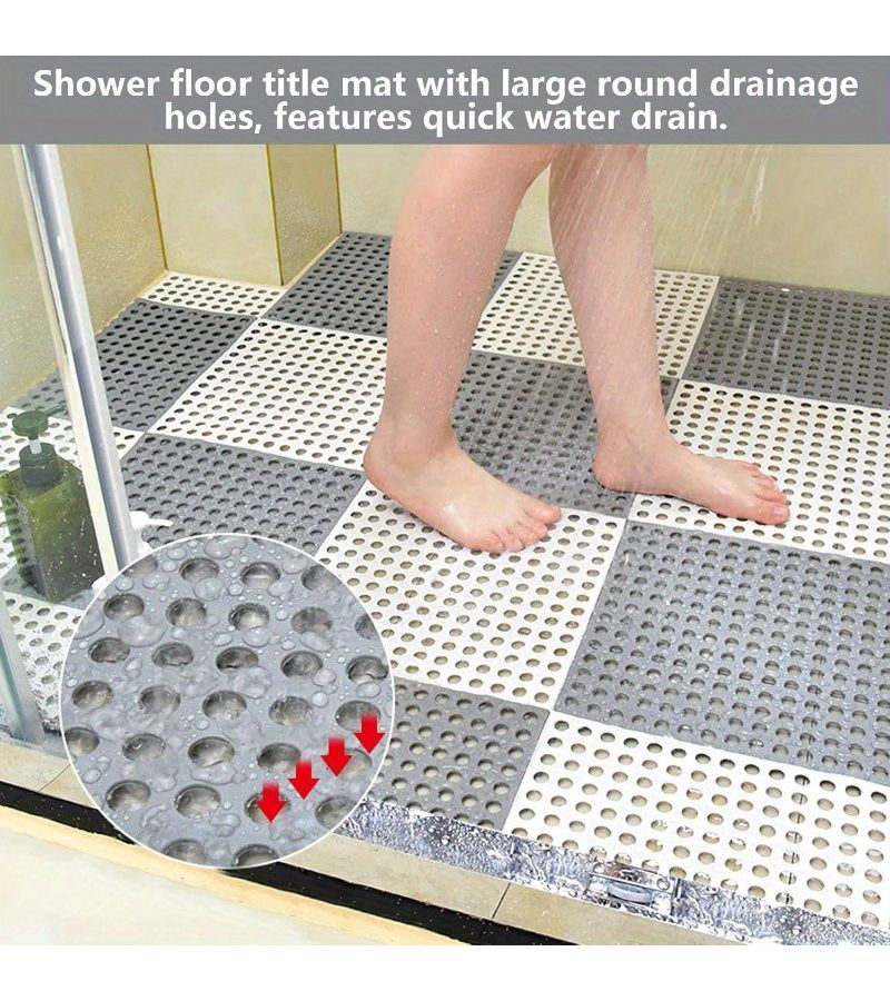 Gray 15 Pack Interlocking PVC Floor Tiles With Drain Holes Non Slip Shower Mat Easy Assembly - Image 1