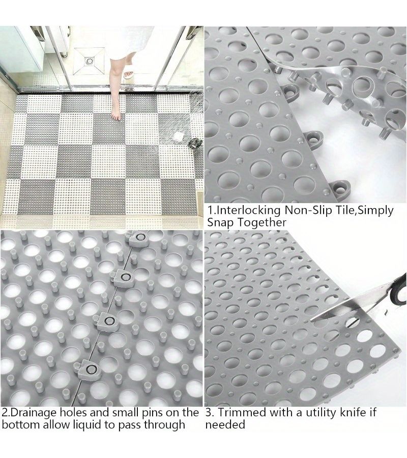 Gray 15 Pack Interlocking PVC Floor Tiles With Drain Holes Non Slip Shower Mat Easy Assembly - Image 2