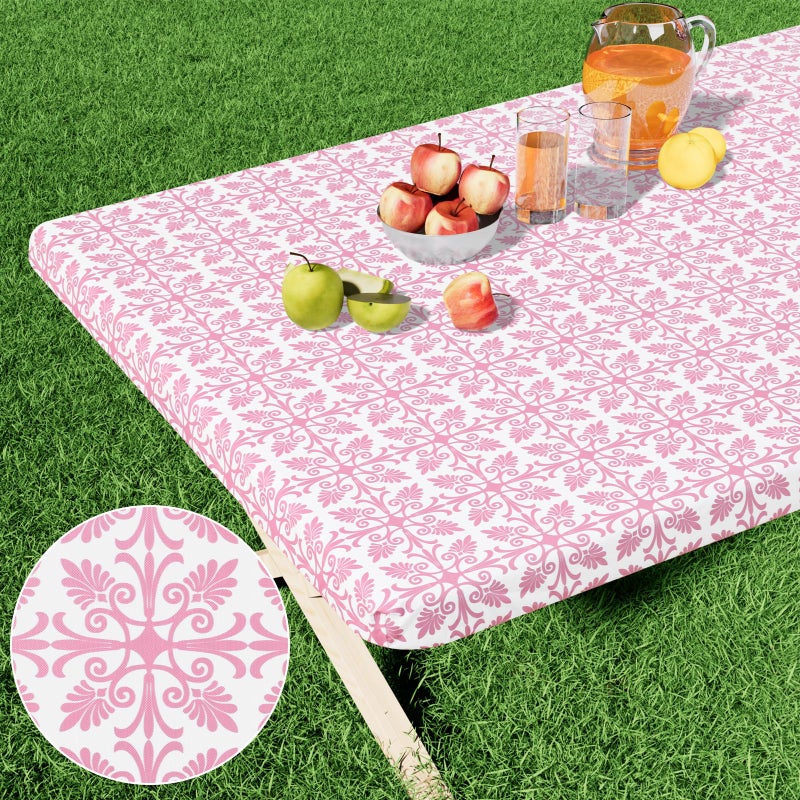 misaya Rectangle Vinyl Table Cloth  Elastic Fitted Flannel Backed Tablecloth  100% Waterproof Plastic Table Cover Fits 6 Foot Folding Tables for Picnic  Camping  Outdoor (Pink  30 "" x 72 "") - Image 1