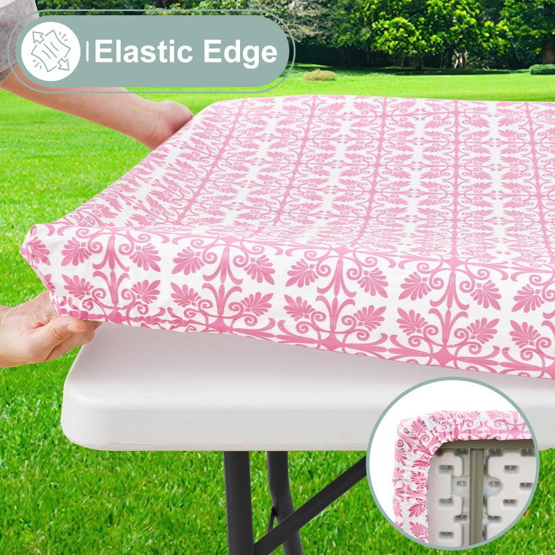 misaya Rectangle Vinyl Table Cloth  Elastic Fitted Flannel Backed Tablecloth  100% Waterproof Plastic Table Cover Fits 6 Foot Folding Tables for Picnic  Camping  Outdoor (Pink  30 "" x 72 "") - Image 2