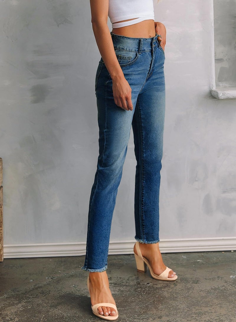 Sidefeel Women's Western Outfit High Waisted Tummy Control Jeans Straight Leg Denim Pants Sail Blue Size 8 - Image 4