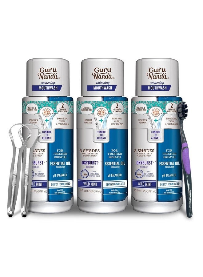 GuruNanda Teeth Whitening Dual Barrel Oxyburst Mouthwash - Alcohol & Fluoride Free, Hydrogen Peroxide to Promote Whiter Teeth - Wild Mint - 3x20 Fl Oz - Image 1