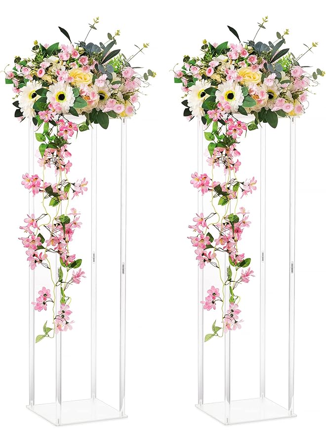 The Bros مزهرية أكريليك لمركز الزفاف - 2 قطعة بارتفاع 39 بوصة لزهور الزينة لطاولات الحفلات - ديكور زفاف أنيق بتصميم هندسي - Image 1