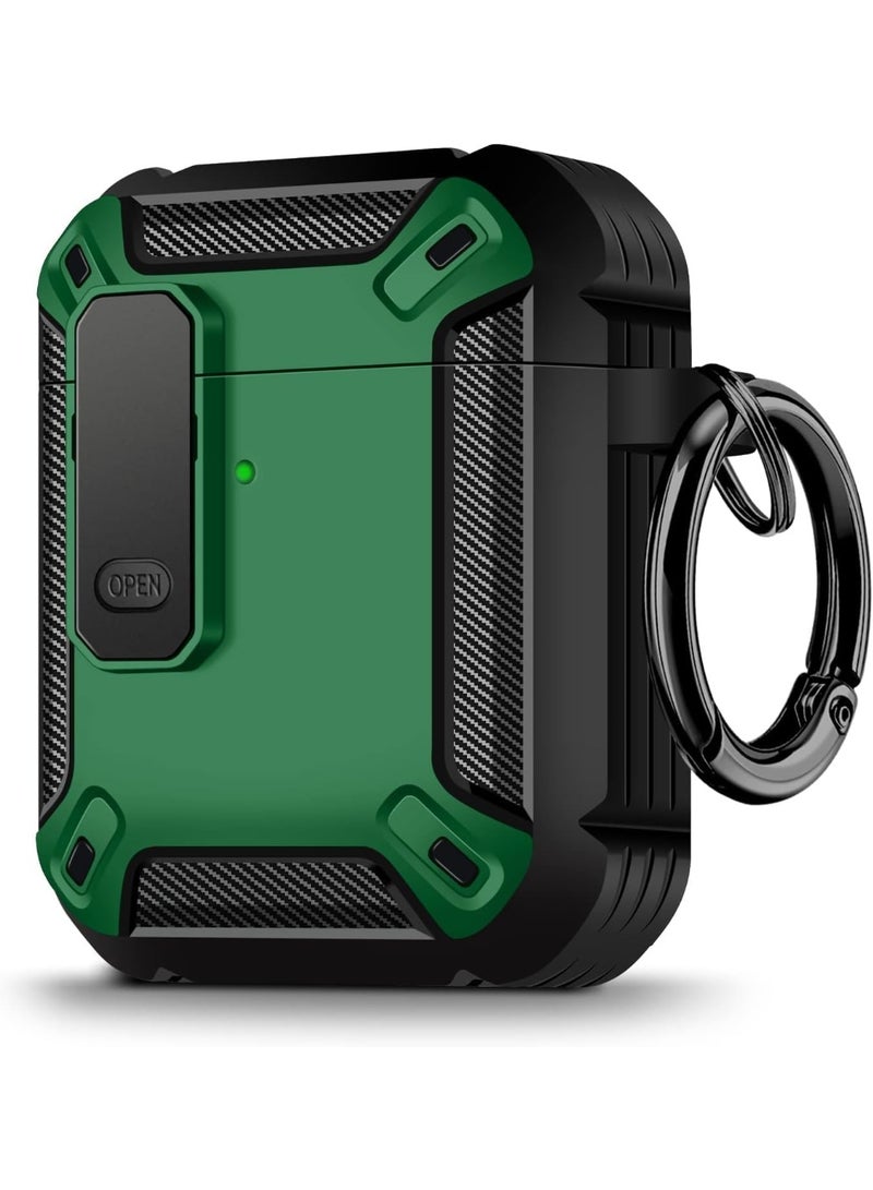 Protective case for AirPods 1st & 2nd generation with secure locking clip, durable hard full-body case for men and women with keychain, shockproof protective case for AirPods 2 and 1, green