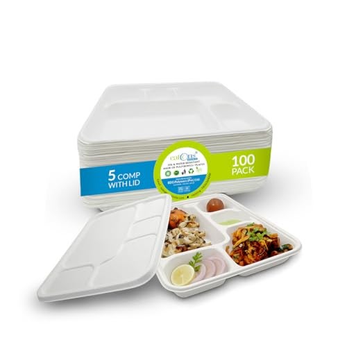 EATONS 5-Compartment Bagasse Disposable Plates with Lid (100 Pack) | Eco-Friendly Biodegradable Sugarcane Paper Plates | Thali | Serve Dinner | Birthday Party, Wedding, Bhojanam | Rectangular | White - Image 1
