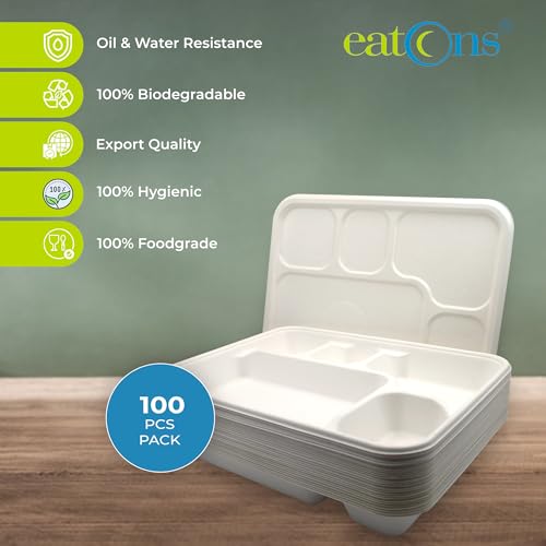 EATONS 5-Compartment Bagasse Disposable Plates with Lid (100 Pack) | Eco-Friendly Biodegradable Sugarcane Paper Plates | Thali | Serve Dinner | Birthday Party, Wedding, Bhojanam | Rectangular | White - Image 4