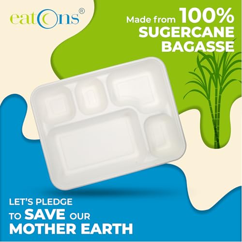 EATONS 5-Compartment Bagasse Disposable Plates with Lid (100 Pack) | Eco-Friendly Biodegradable Sugarcane Paper Plates | Thali | Serve Dinner | Birthday Party, Wedding, Bhojanam | Rectangular | White - Image 2