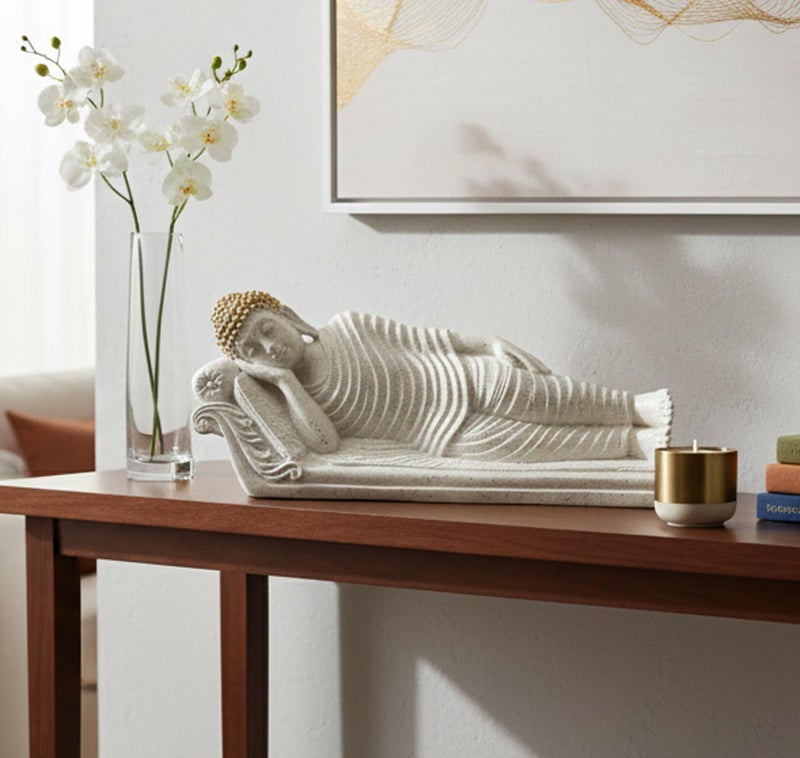ESPLANADE Resin Sleeping Reclining Buddha Tibetan Buddhist Idol Statue Figurine - Home Decor - White - 16.5" Inches - Image 3