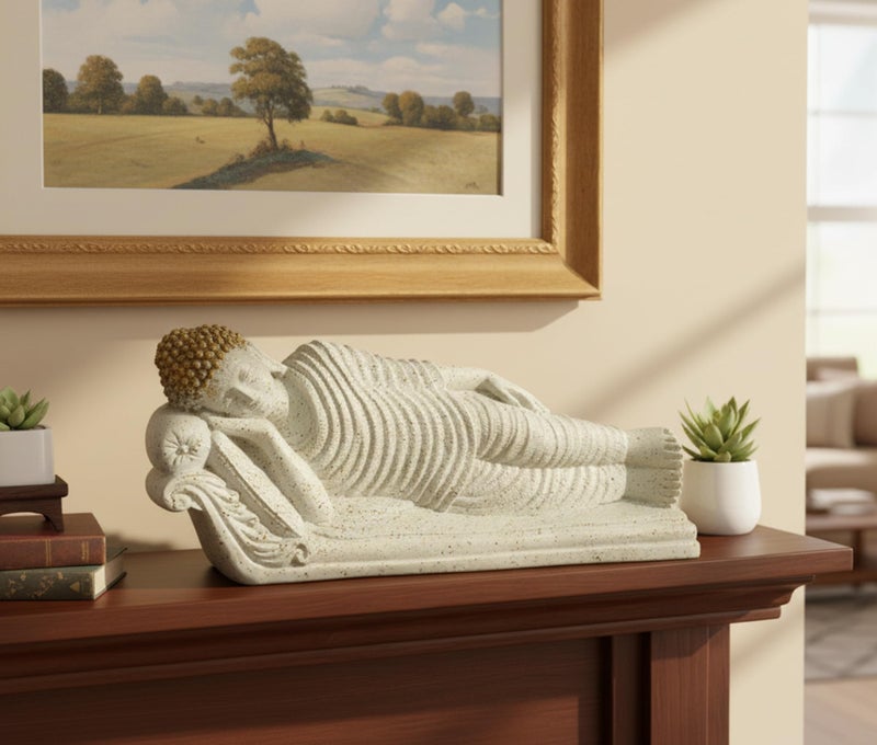 ESPLANADE Resin Sleeping Reclining Buddha Tibetan Buddhist Idol Statue Figurine - Home Decor - White - 16.5" Inches - Image 1