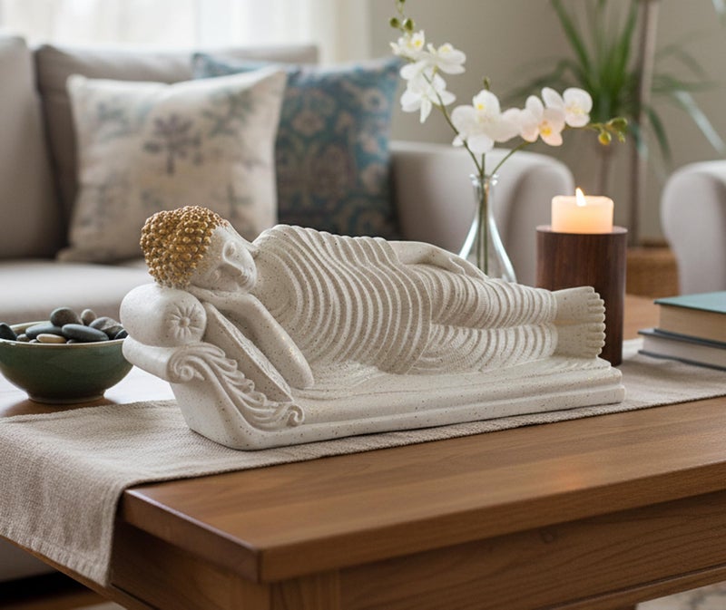 ESPLANADE Resin Sleeping Reclining Buddha Tibetan Buddhist Idol Statue Figurine - Home Decor - White - 16.5" Inches - Image 2