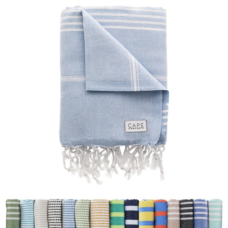Cape Comforts Large Turkish Beach Towel, Classic Powder Blue - Super Soft & Lightweight Quick Dry Absorbent Towels for Beach, Picnic Blanket or Bath Towel - Sand Free Organic Turkish Cotton Yarn - Image 1