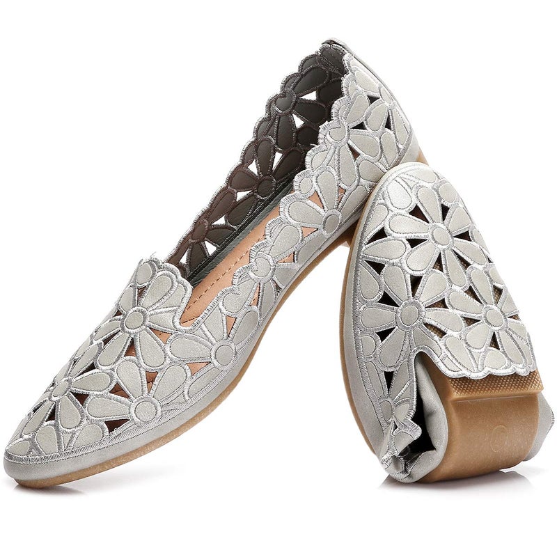 HEAWISH Womens Floral Ballet Flats for Women Black Beige Slip On Flowers PU Leather Round Toe Dress ShoesGreyUS75 - Image 2