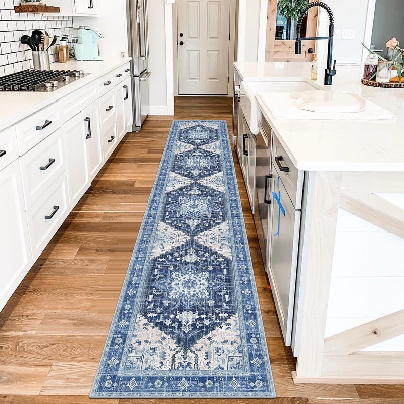 Yamaziot Washable Runner Rug 2x10 NonSlip Boho Vintage Hallway Rug Runner with Rubber Backing Stain Resistant Low Pile Faux Wool Distressed Carpet Runner for Kitchen Laundry Entrance Blue