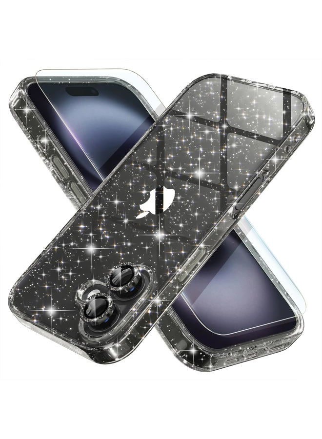Choiche Compatible for iPhone 16 Plus Case Women Phone Case, Cute Bling Sparkly, Military Grade Drop Protection, 2 Diamond Camera Lens Covers, 2 Tempered Glass Protectors, 6.7 inch (Glitter Black) - Image 1