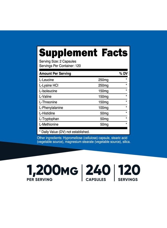 Nutricost كبسولات EAA 1200 ملغ، 240 كبسولة - الأحماض الأمينية الأساسية، 120 حصة - خالية من الكائنات المعدلة وراثيًا، خالية من الغلوتين ونباتية - Image 2
